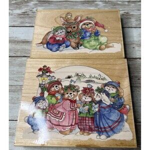 Lot of 2 Stamps Happen "Clover Hill"  (1990's) Wood Rubber Stamp VTG Bears/Bunny
